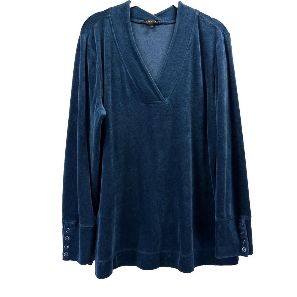 Talbots Women's Velvet Top Size‎ Large Blue Pullover Stretch Long Sleeve Buttons